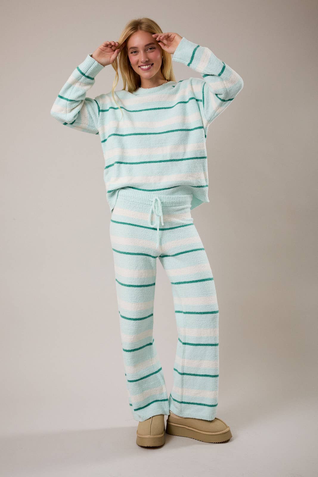 LONG SLEEVE STRIPE SWEATER TOP WITH WIDE LEG SWEATER PANTS