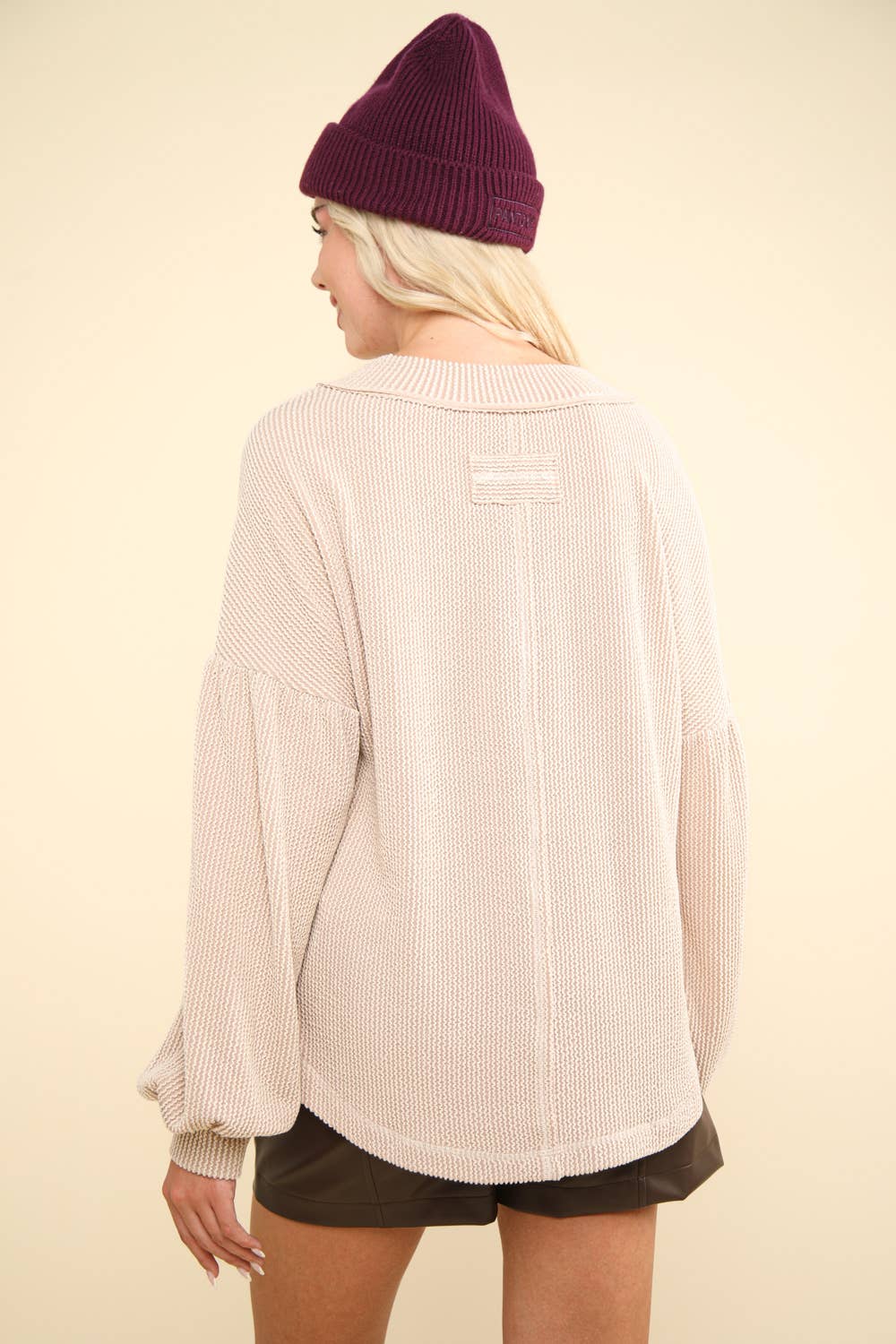 Two Tone Otto Ribbed V-Neck Oversized Knit Top