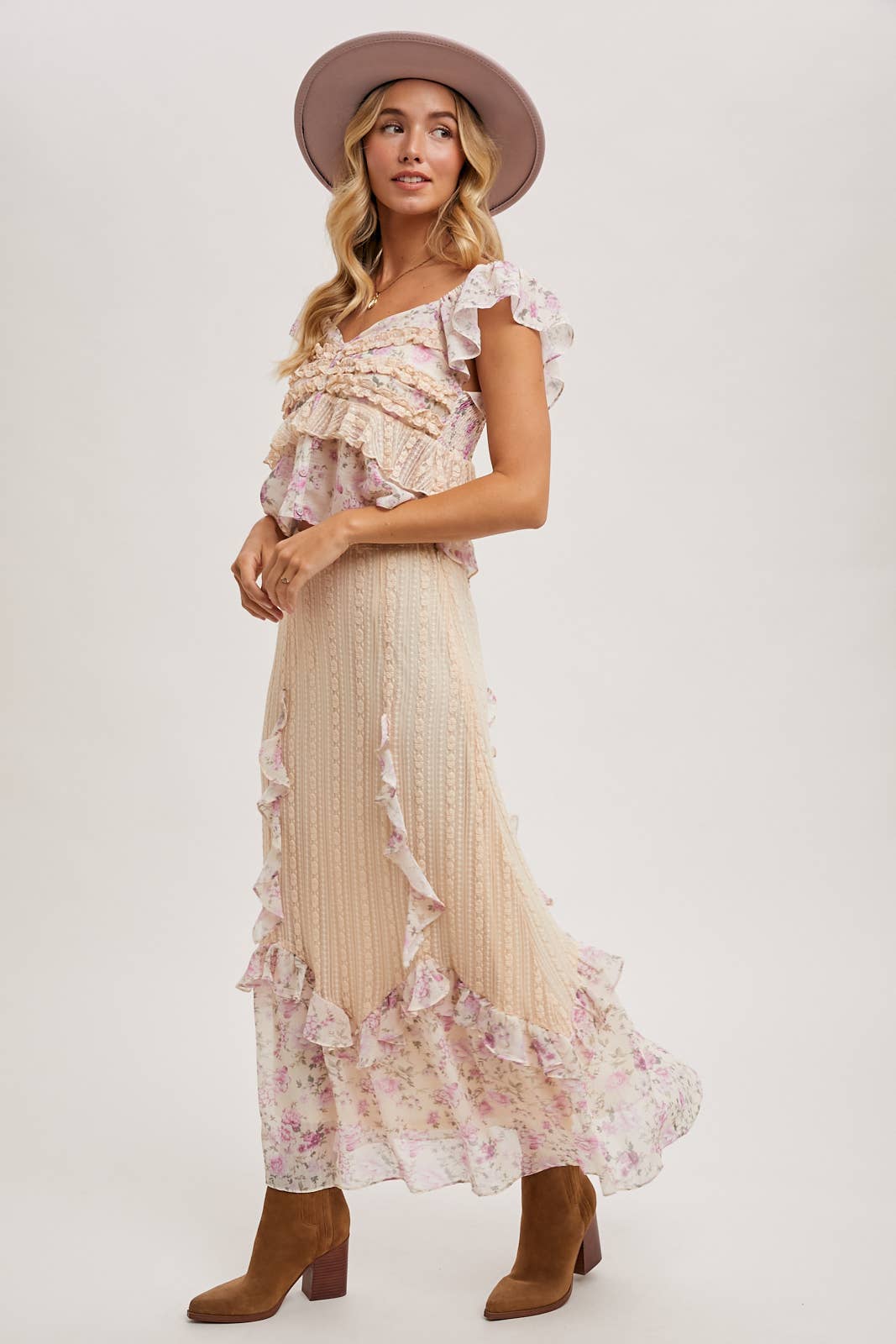 Floral Print, Lace Trimmed Two-Piece Set