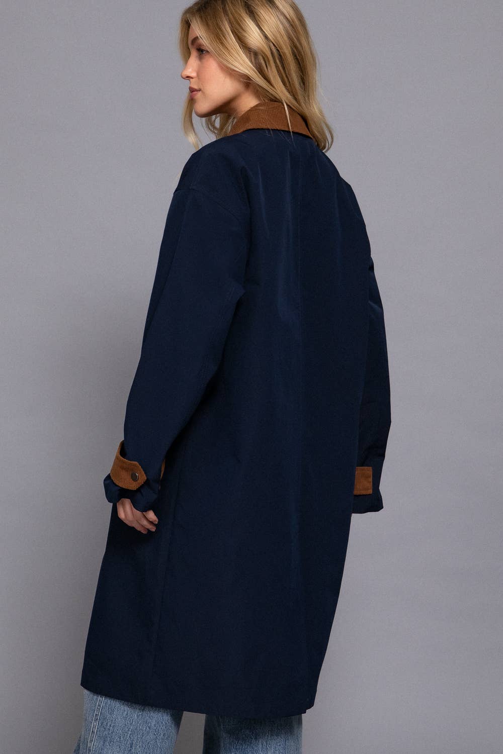 Long Sleeve Contrast Collar Button Down Long Trench Coat