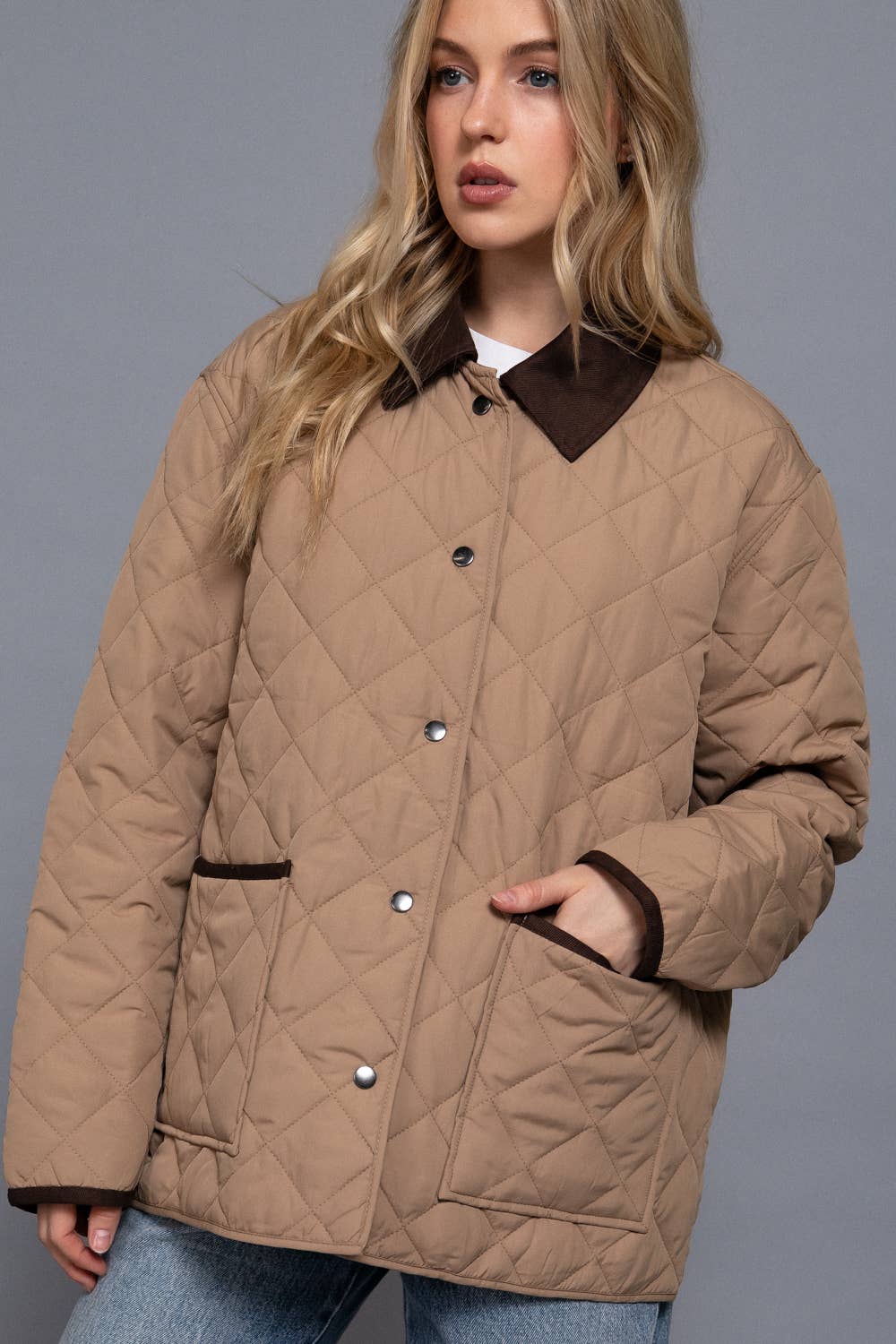 Long Sleeve Contrast Lapel Collar Quilted Puffer Work Jacket