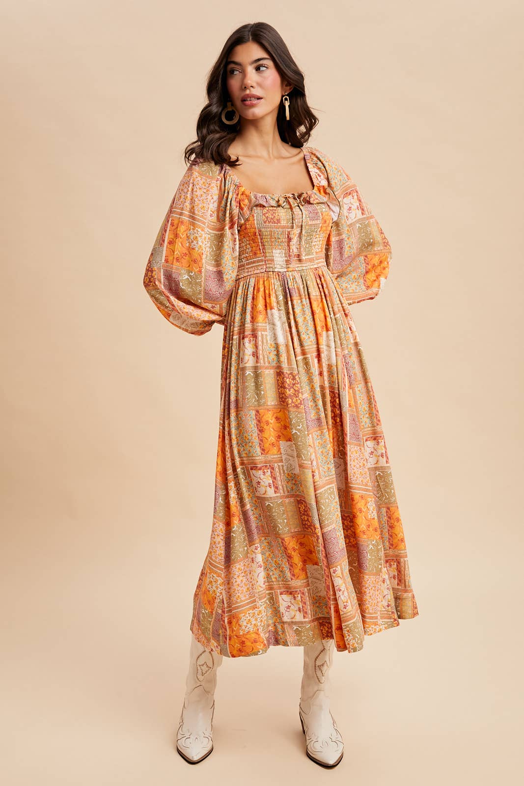 Smocked Ruffle Patchwork Dress