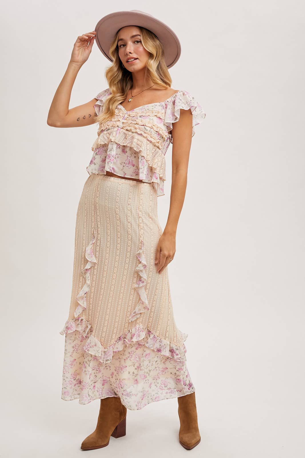 Floral Print, Lace Trimmed Two-Piece Set