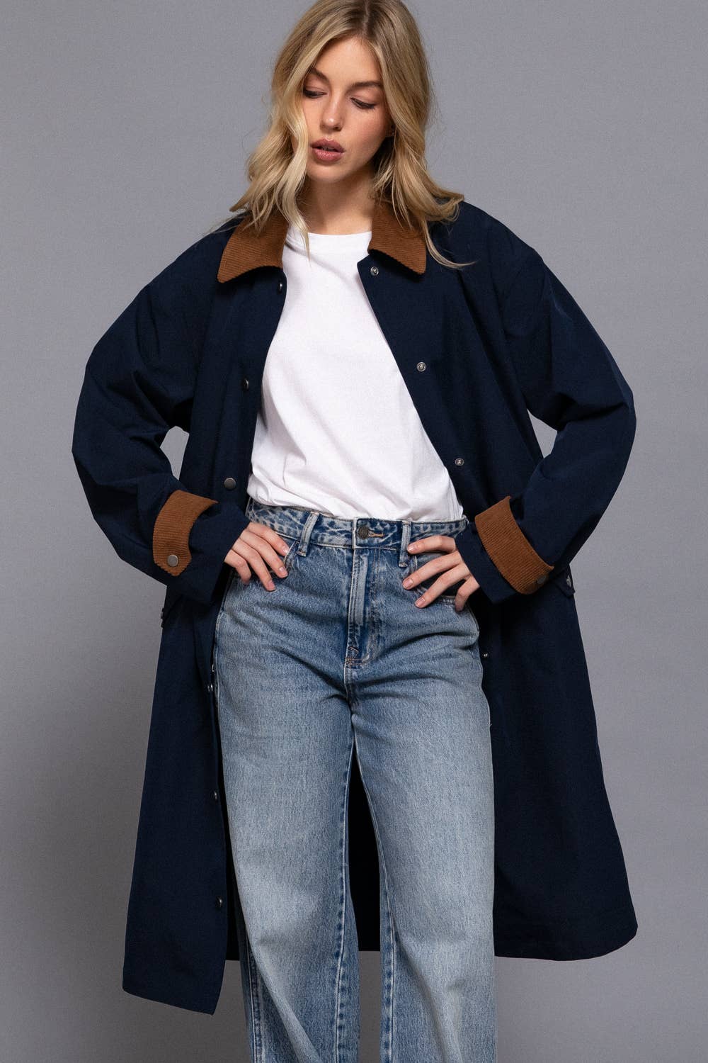 Long Sleeve Contrast Collar Button Down Long Trench Coat