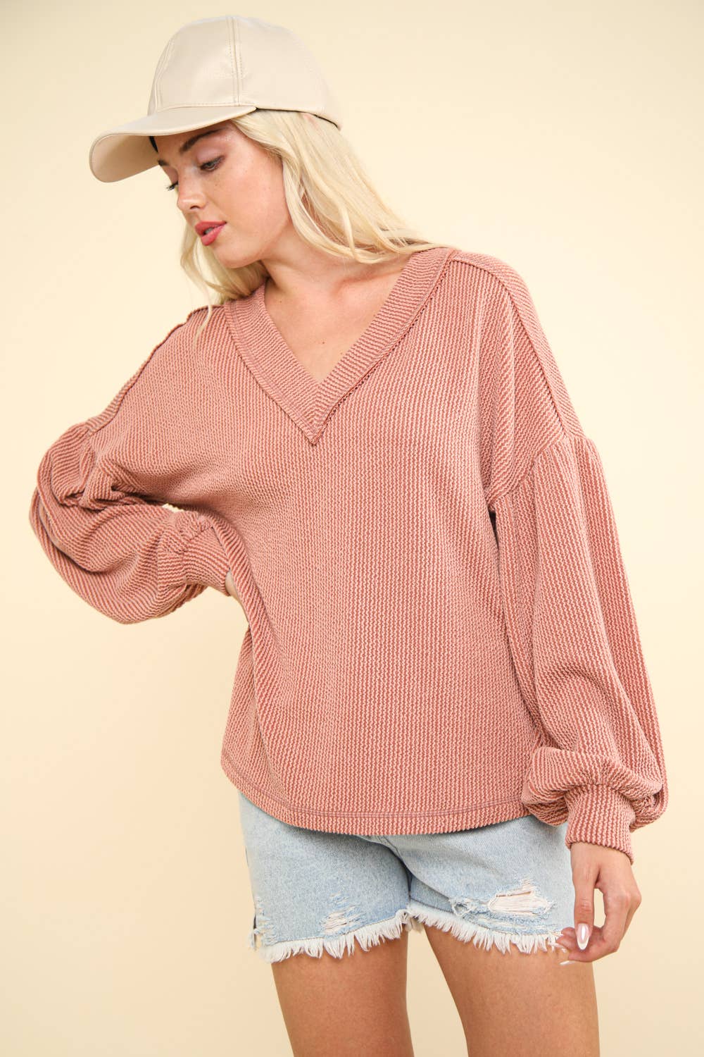 Two Tone Otto Ribbed V-Neck Oversized Knit Top