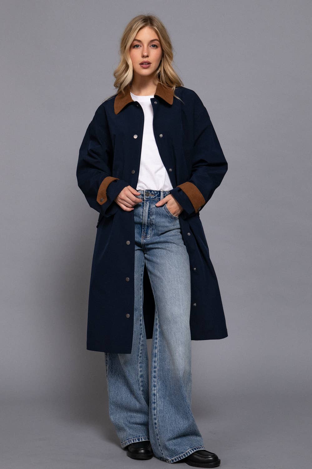 Long Sleeve Contrast Collar Button Down Long Trench Coat