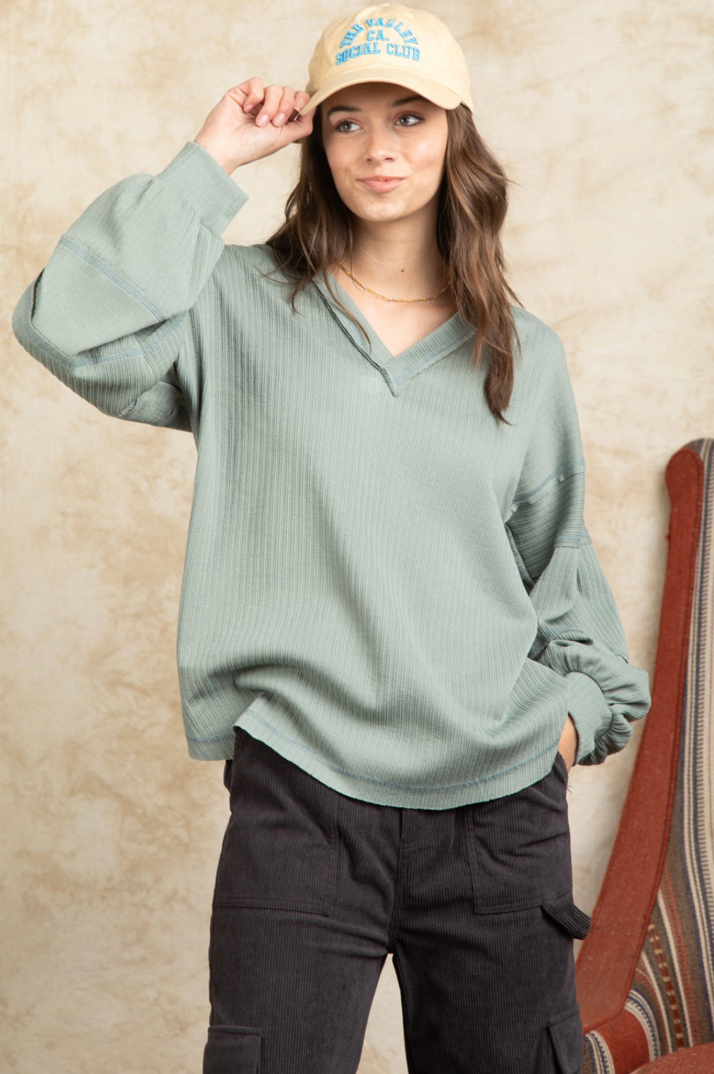 Oversized V-neck Puff Sleeve Top